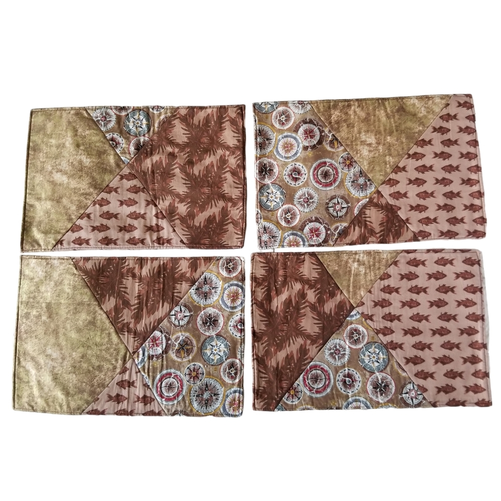 4 Handmade Reversible Quilted‎ Placemats Patchwork Cottagecore Nautical Compass